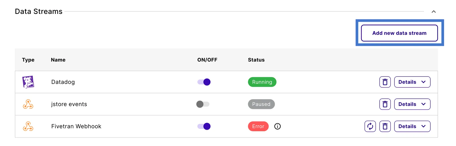 Add new data stream button above the Data Streams list