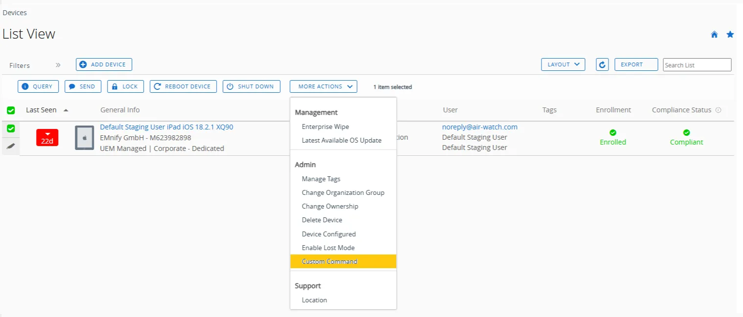 More actions menu with Custom Command highlighted under Admin
