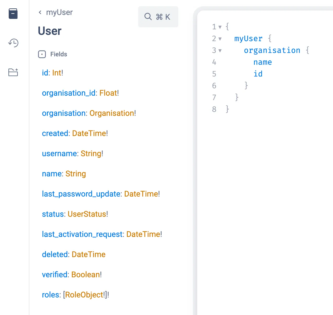 Docs panel listing the fields of the User type, including id, username, and organisation