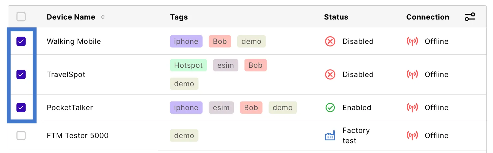 Connected Devices table with checkboxes selected for Walking Mobile, TravelSpot, and PocketTalker