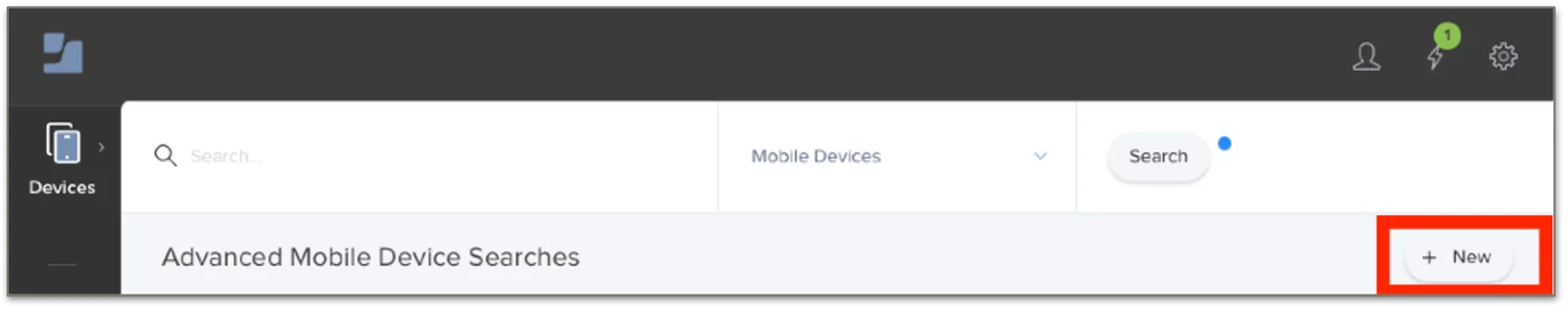 Advanced Mobile Device Searches page with the New button highlighted at the top right