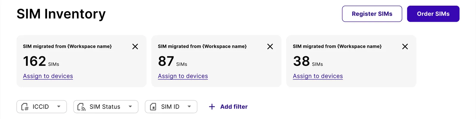 SIM Inventory with three migration widgets, each showing the source Workspace and an Assign to devices action
