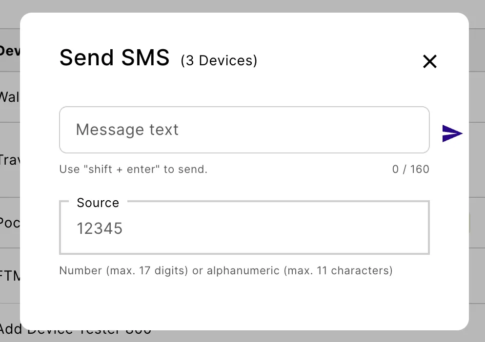 Send SMS dialog for 3 devices with Message text and Source fields