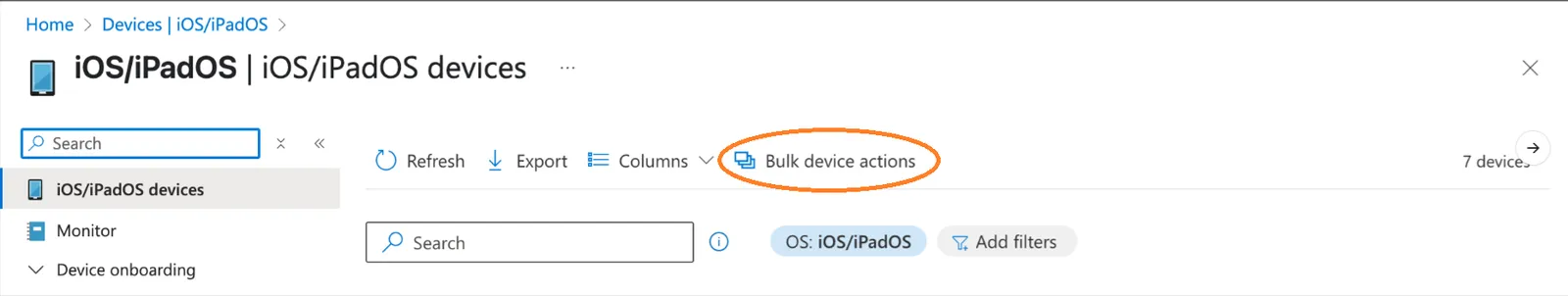 Bulk device actions button highlighted in the toolbar of the iOS/iPadOS devices list