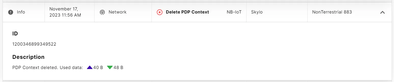 Delete PDP Context event on Skylo NonTerrestrial 883 with a description of the used data