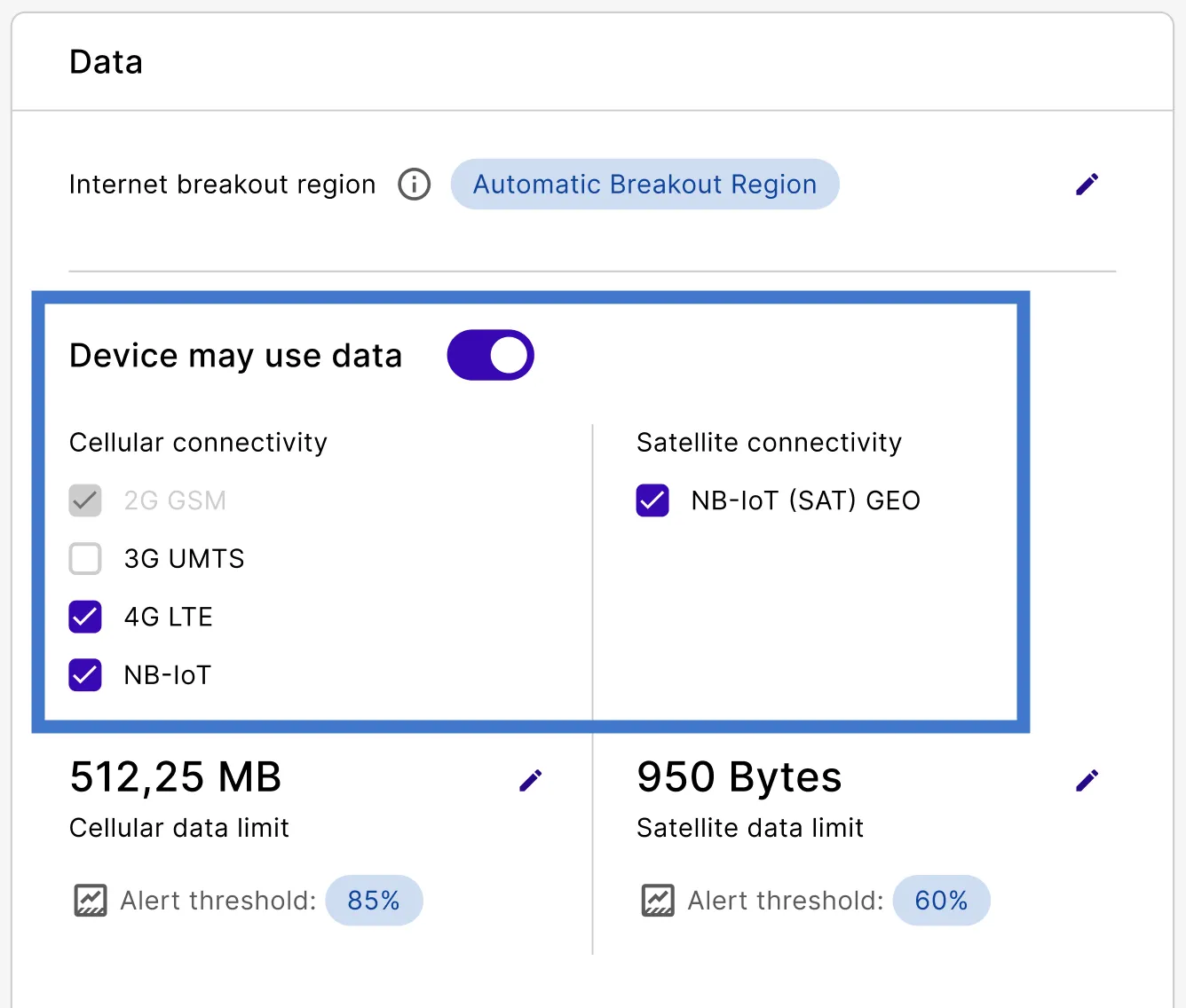 Data section with Device may use data on and NB-IoT (SAT) GEO selected under Satellite connectivity