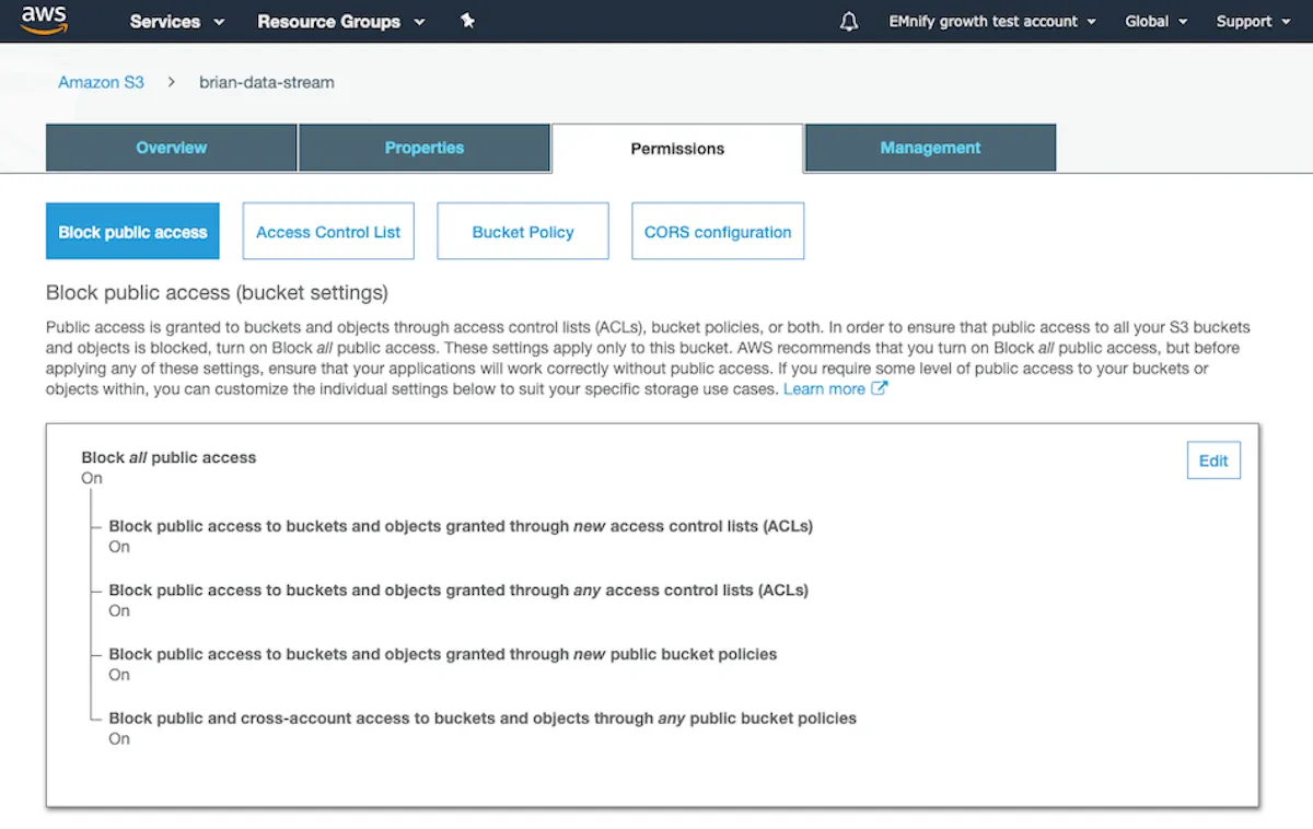 A test S3 bucket in the AWS console. The 'Permissions' tab is active at the top. Underneath, 'Block public access' is selected. There is a description about the block public access bucket settings, followed by a panel indicating that 'Block all public access' is marked as 'On.' There is also an 'Edit' button in this panel.