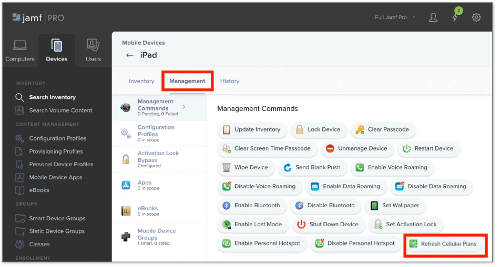 Management tab with the Refresh Cellular Plans command highlighted among the management commands