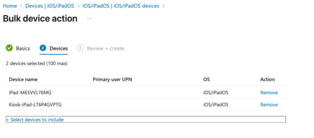 Devices step listing two selected devices, each with a Remove action