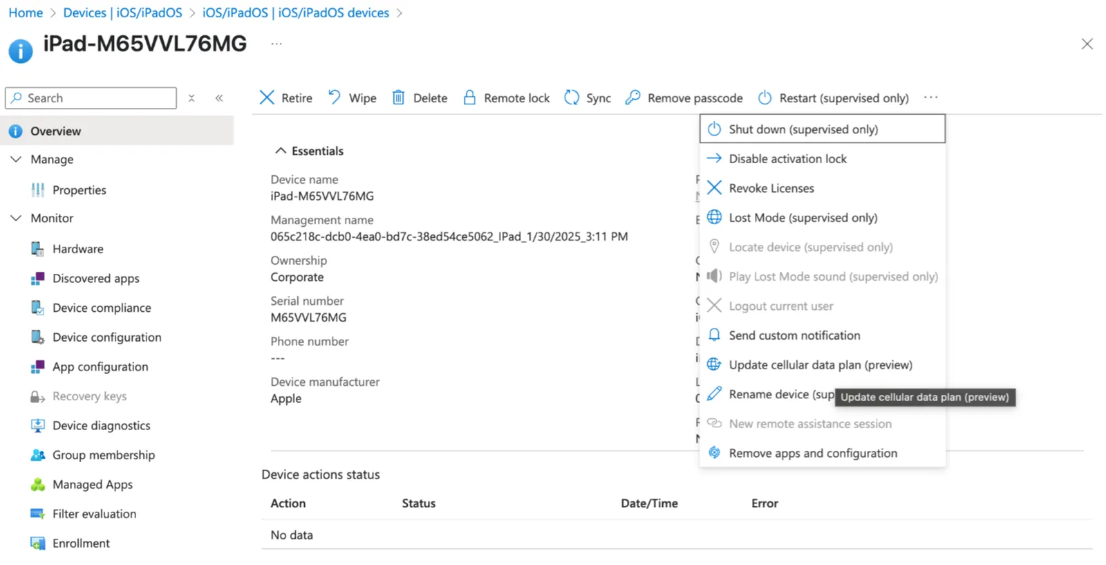 Device actions menu listing Update cellular data plan among other actions