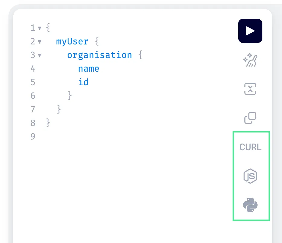 CURL, Node.js, and Python code buttons highlighted beside the query editor