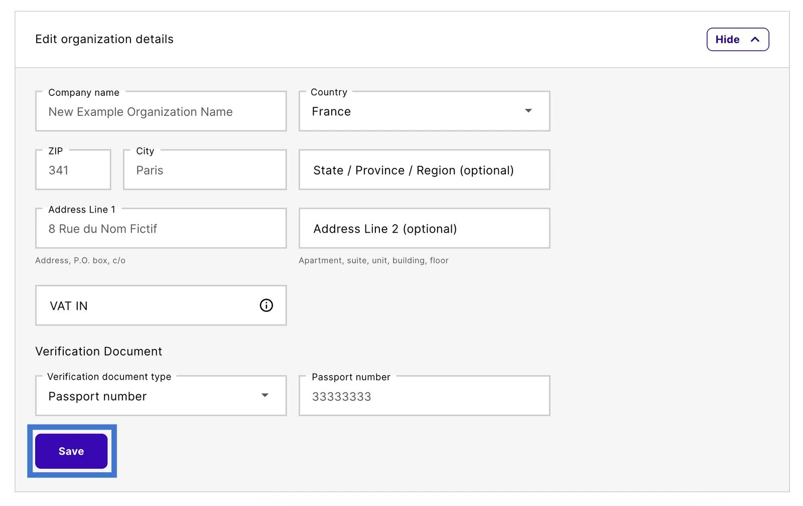 Edit organization details form with the Company name changed to New Example Organization Name