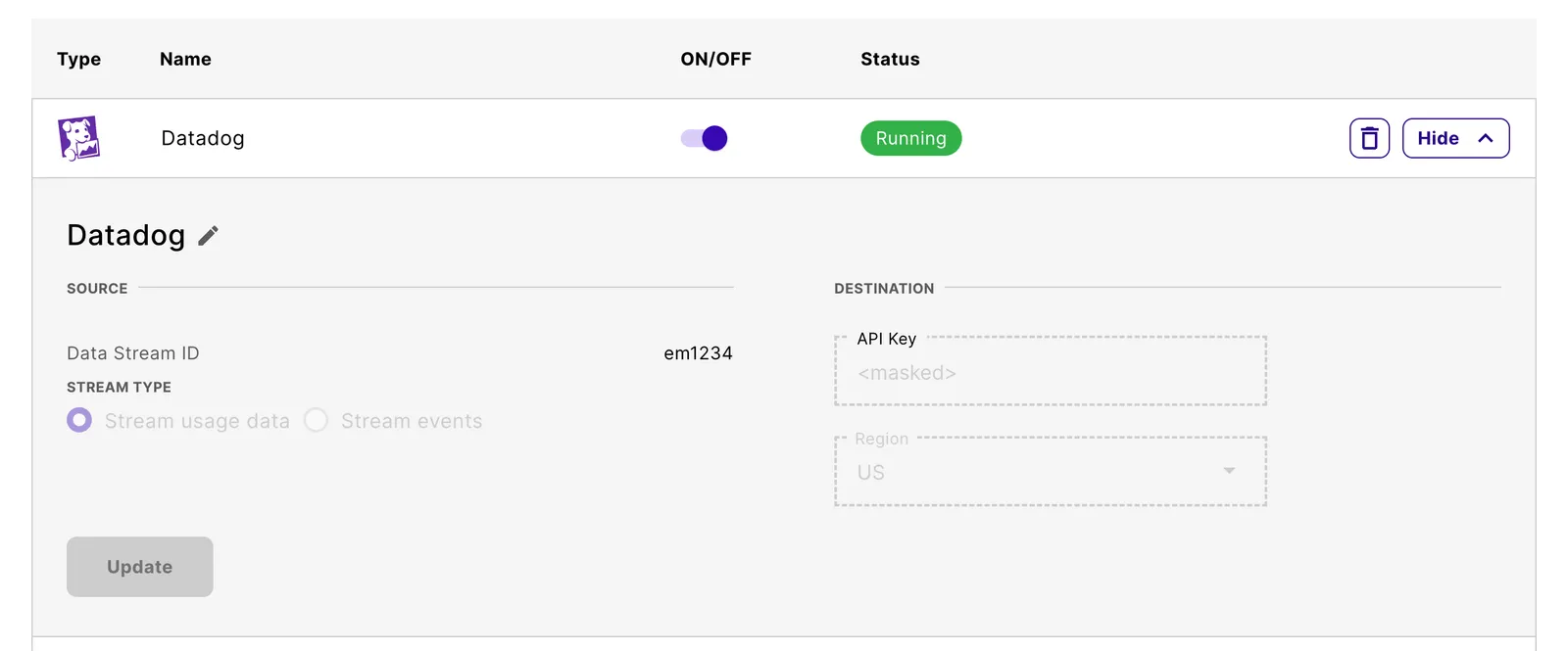 Expanded Datadog stream with Source stream type and Destination API Key and Region fields