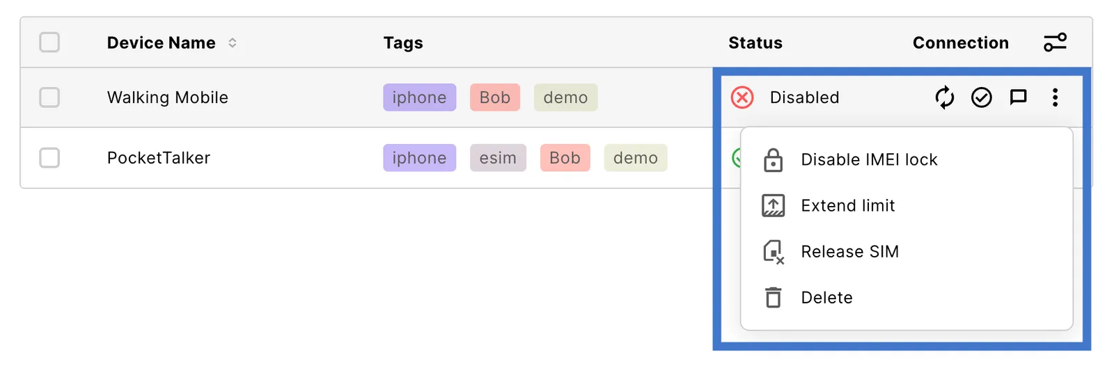 Device row with quick action icons and a menu listing Disable IMEI lock, Extend limit, Release SIM, and Delete