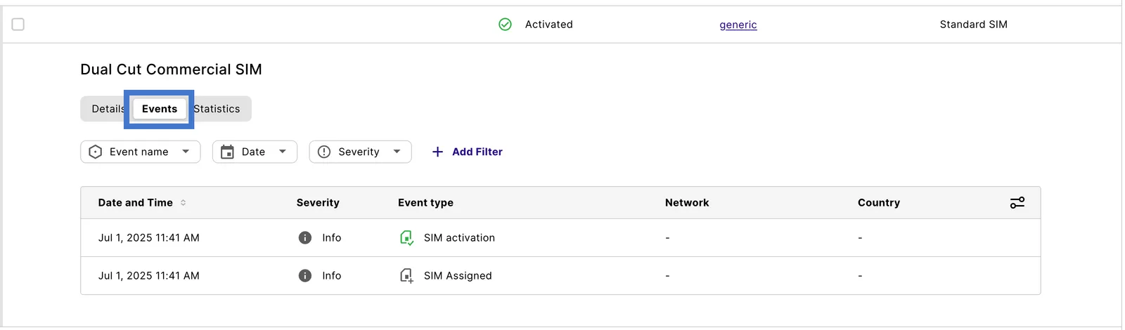 SIM Events tab listing SIM activation and SIM Assigned events
