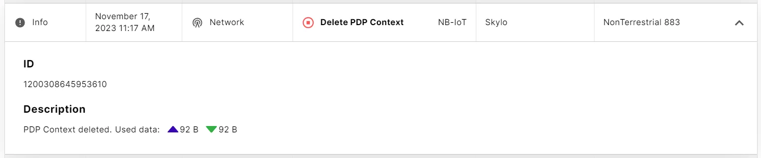 Delete PDP Context event on Skylo NonTerrestrial 883 with a description of the used data