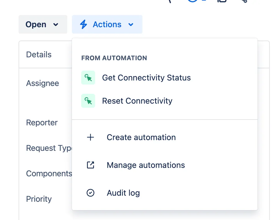 Actions menu listing the Get Connectivity Status and Reset Connectivity rules