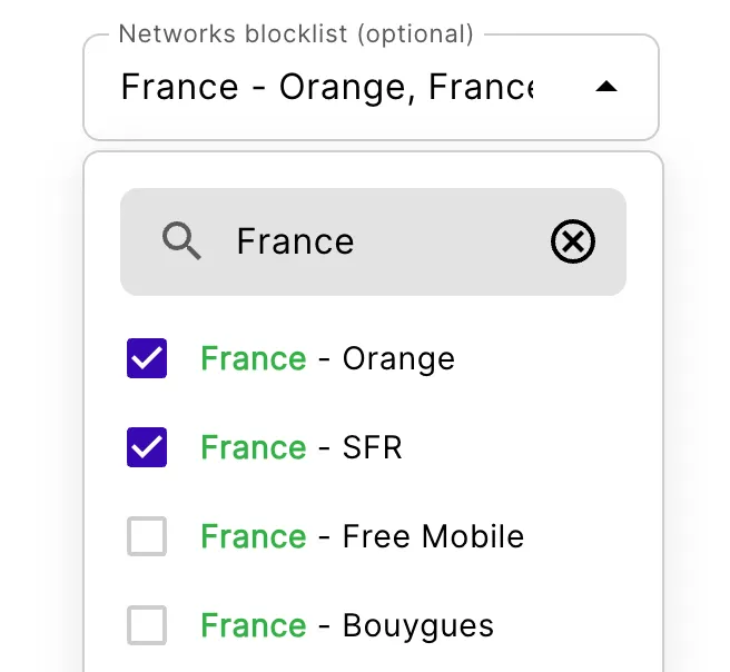 Networks blocklist dropdown filtered by France, with France - Orange and France - SFR selected