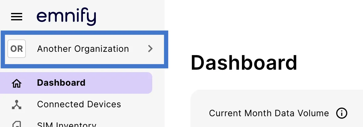 Sidebar showing Another Organization as the active Workspace
