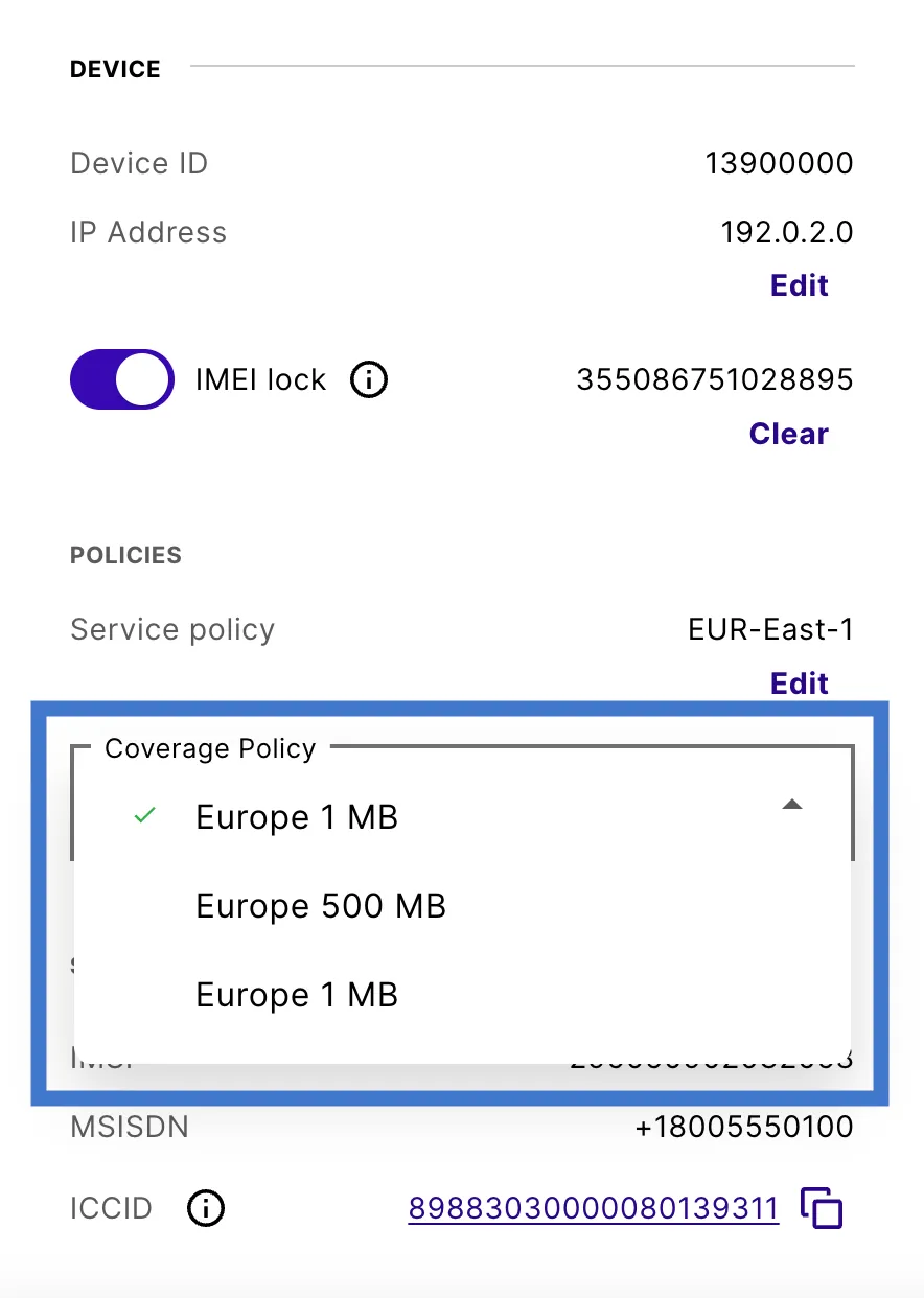 Coverage Policy dropdown listing Europe 1 MB, Europe 500 MB, and Europe 1 MB