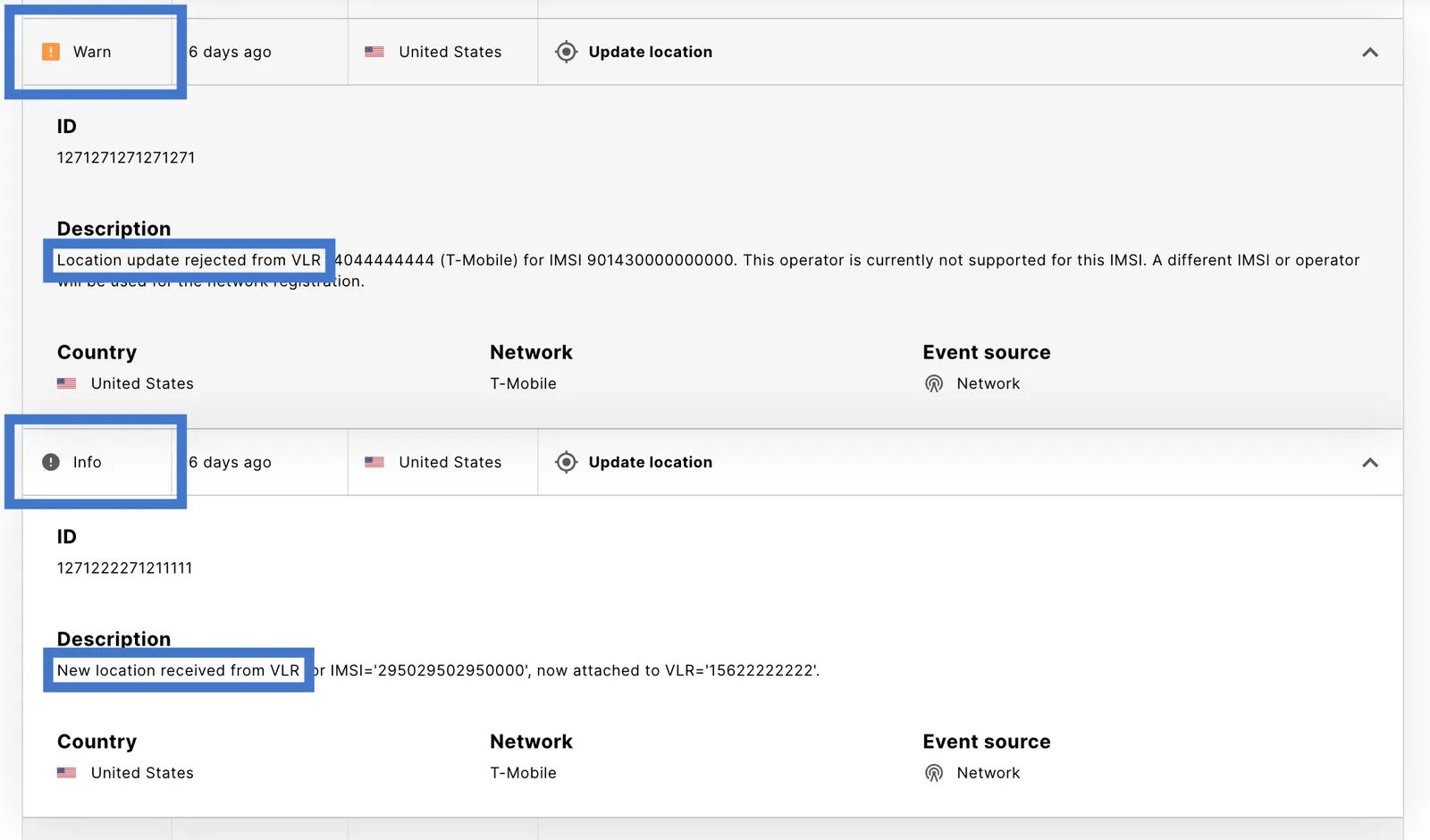 Expanded Update location events: a Warn event with a rejected location update and an Info event with a new location received