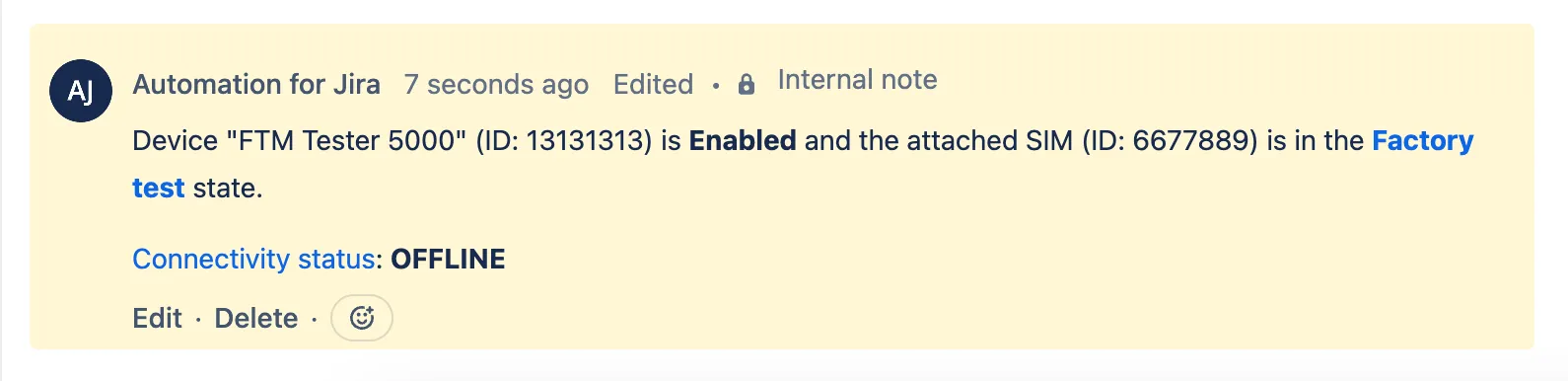 Internal note from Automation for Jira with device and SIM state and Connectivity status OFFLINE