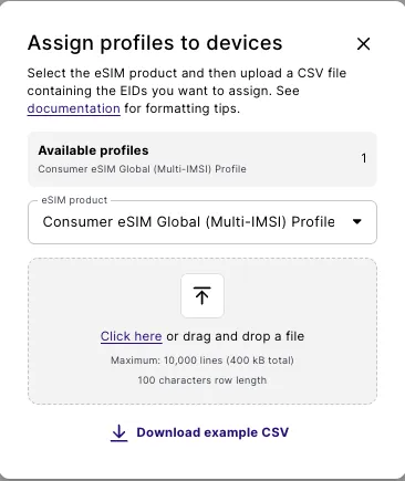 The Assign profiles to devices dialog, with the eSIM product selector and the CSV upload area.