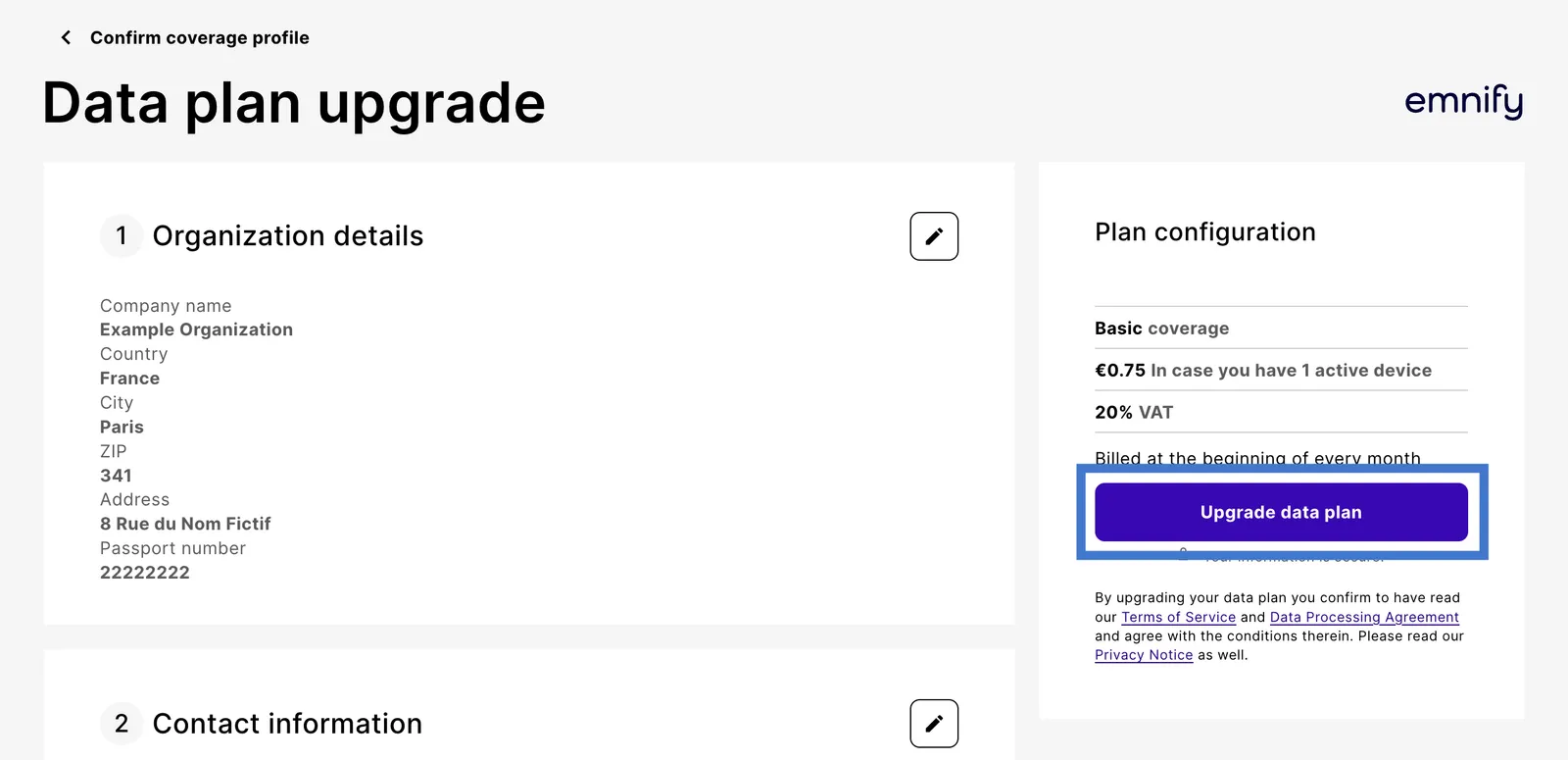 Data plan upgrade page with organization details next to the Plan configuration summary