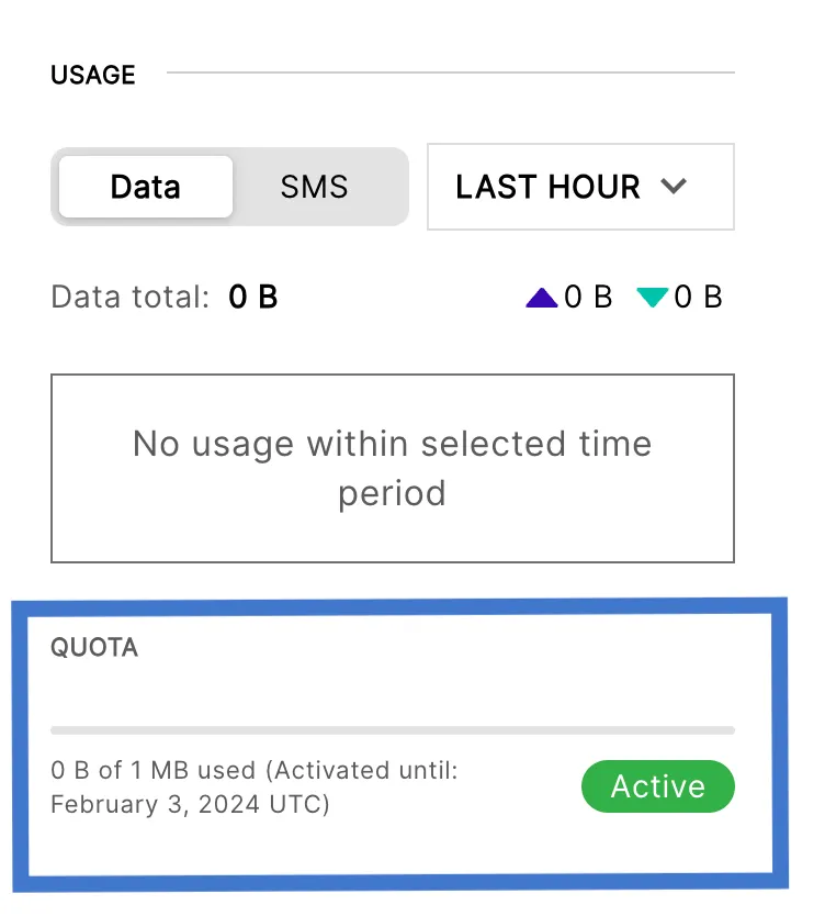 Quota section with a usage bar showing 0 B of 1 MB used and an Active label