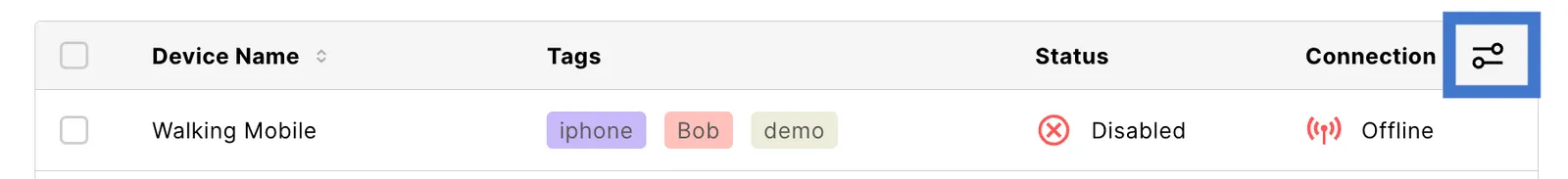 Table settings icon at the right end of the table header row