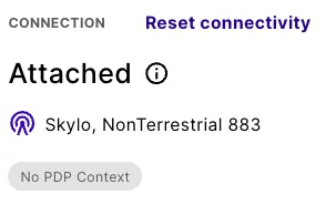 Connectivity Status showing Attached, Skylo NonTerrestrial 883, and No PDP Context