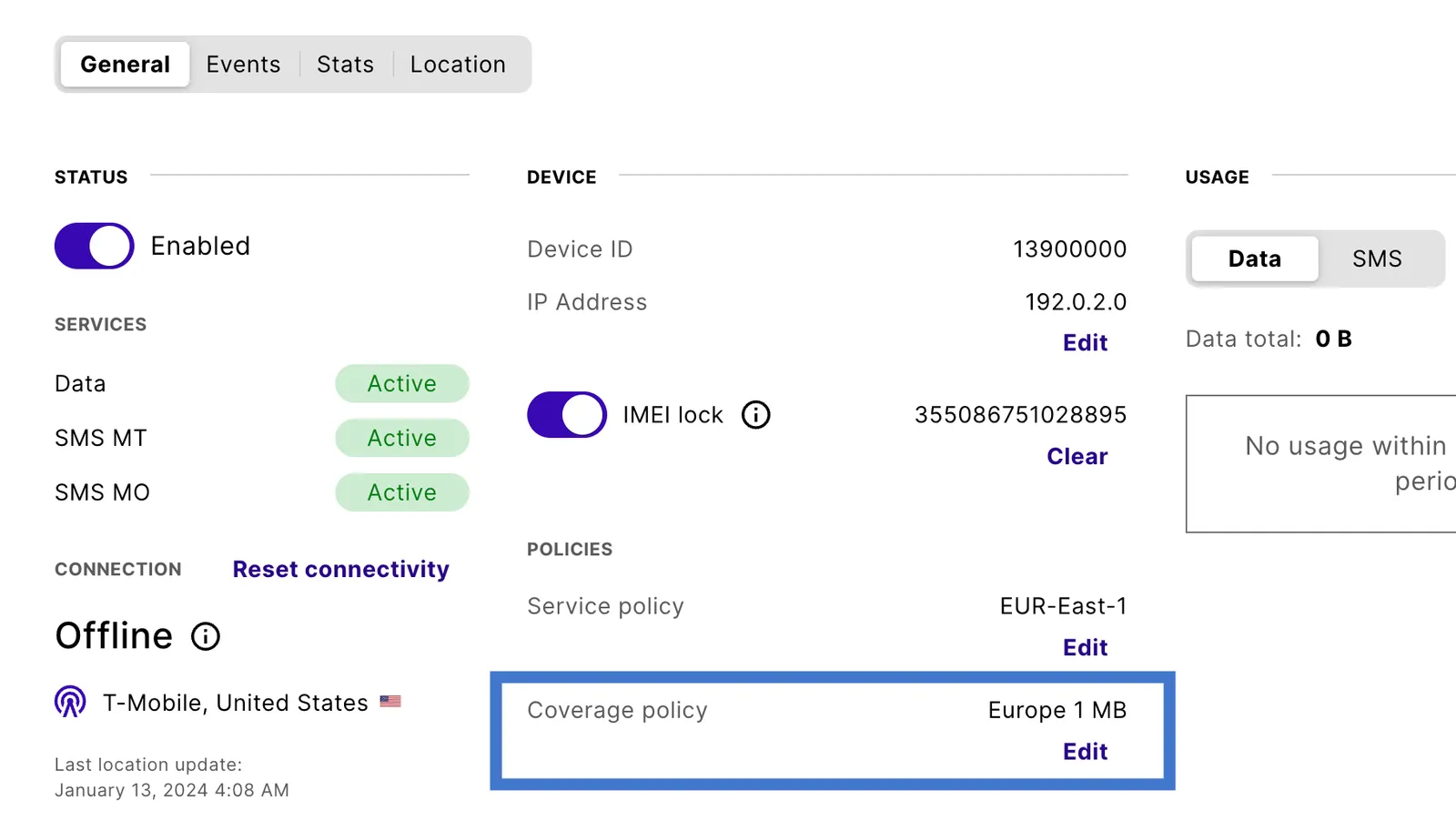 Device details General tab with the Coverage policy set to Europe 1 MB and an Edit link