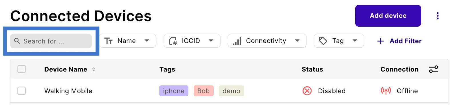 Search field at the left of the filters above the Connected Devices table