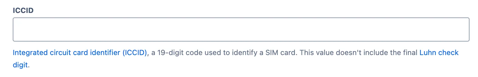 ICCID custom field as a text box with the ICCID description below it