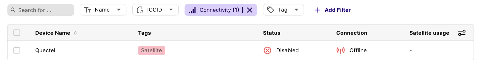 Device table filtered by Connectivity, listing only the Quectel device