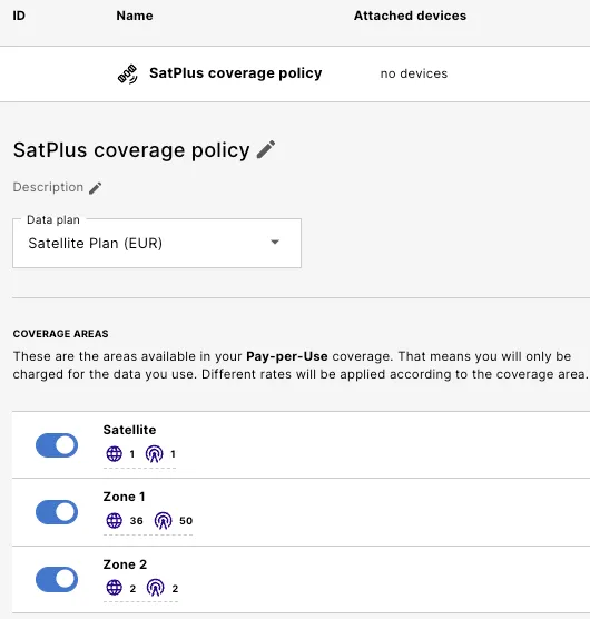 SatPlus coverage policy with the Satellite, Zone 1, and Zone 2 coverage areas switched on