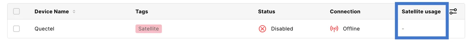 Satellite usage column added to the device table, showing a dash for the Quectel device