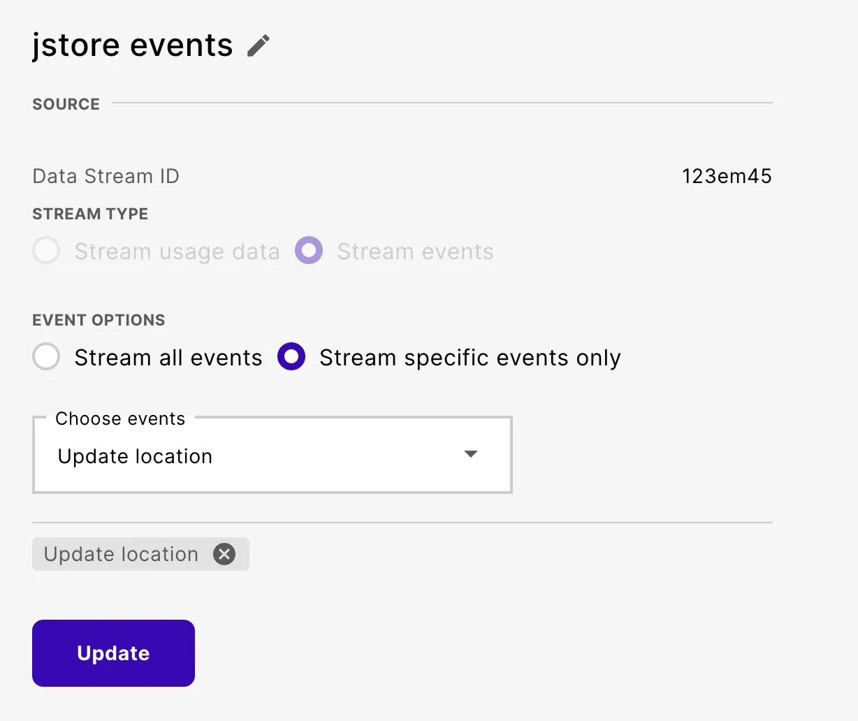 Event stream details with Stream specific events only selected and an Update location filter