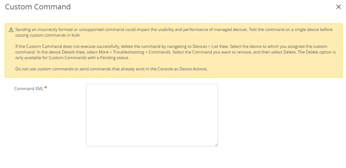 Custom Command dialog with an empty Command XML field below a warning