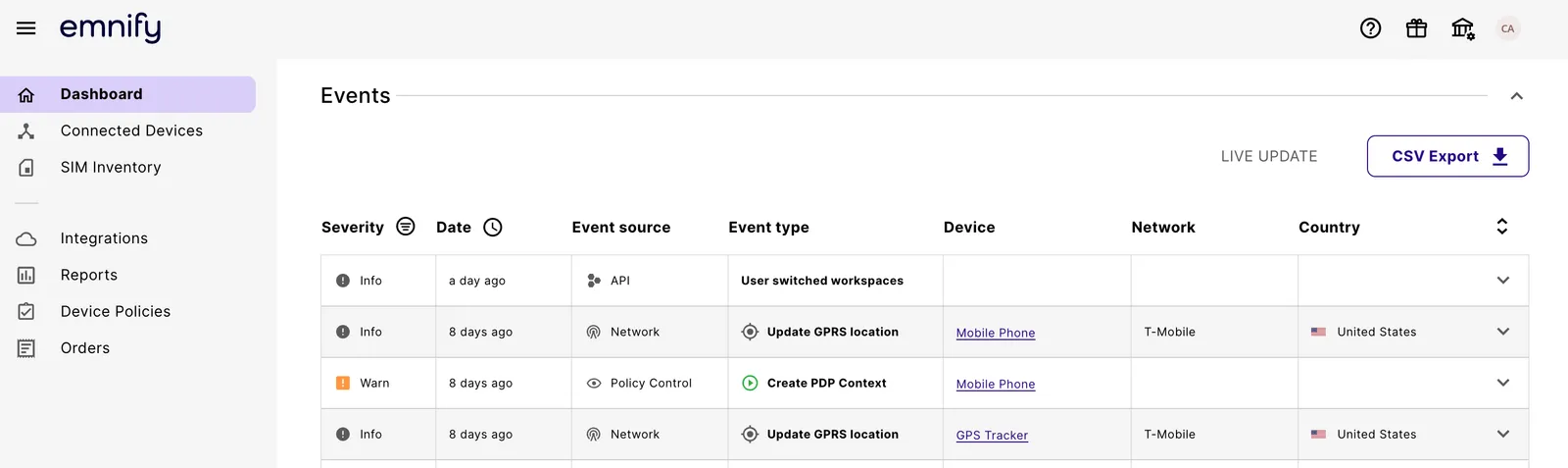 Dashboard Events table with severity, date, event source, event type, device, network, and country columns