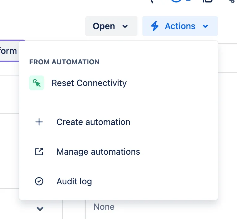 Actions menu listing the Reset Connectivity rule under From automation