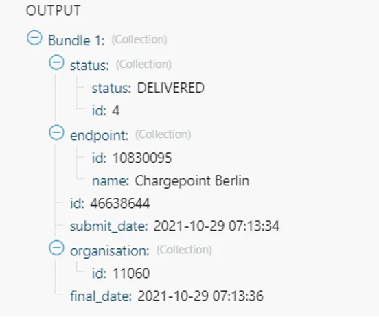 Webhook output with status DELIVERED, an endpoint name, SMS ID 46638644, and submit and final dates