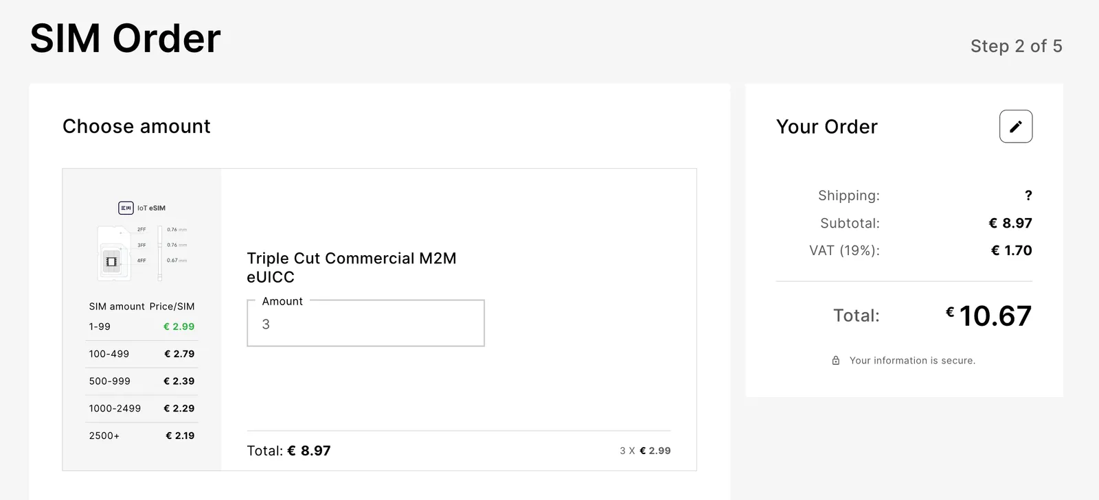 SIM Order page with an Amount field, price tiers by quantity, and an order total