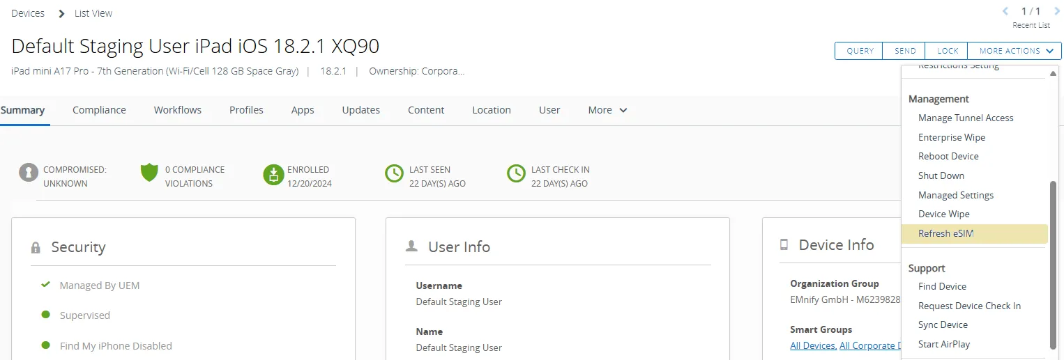 More actions menu with Refresh eSIM highlighted under Management