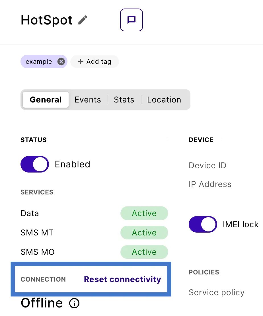 Reset connectivity link in the Connection section of the device General tab