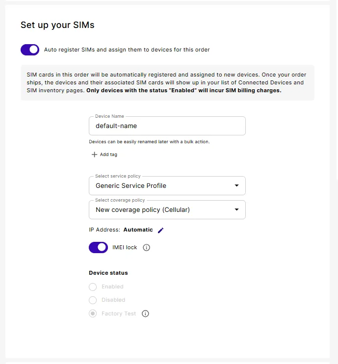 Set up your SIMs form with Auto register SIMs on and fields for device name, policies, IMEI lock, and status