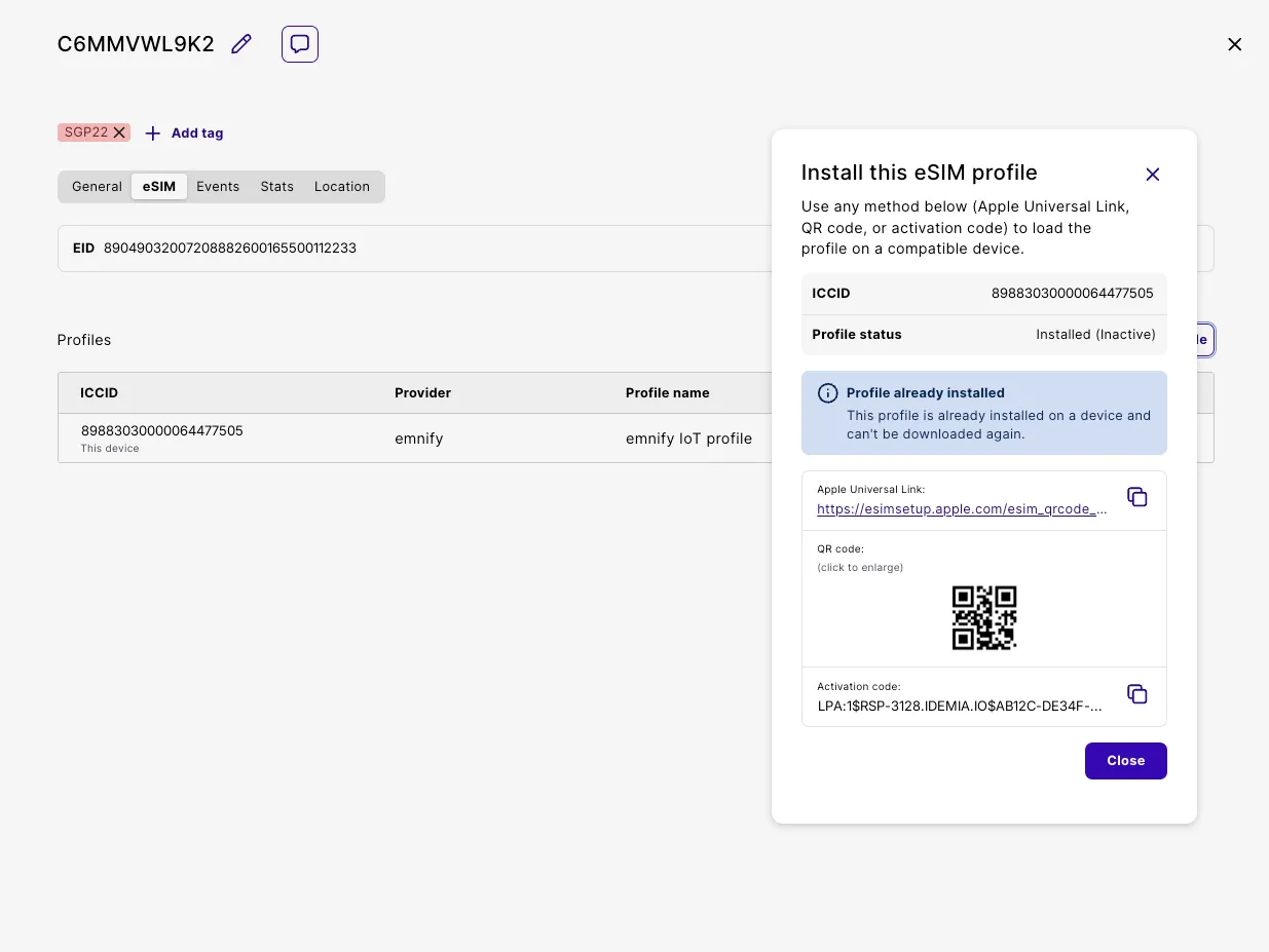 The Install this eSIM profile dialog, showing the Apple Universal Link, QR code, and activation code for a device.