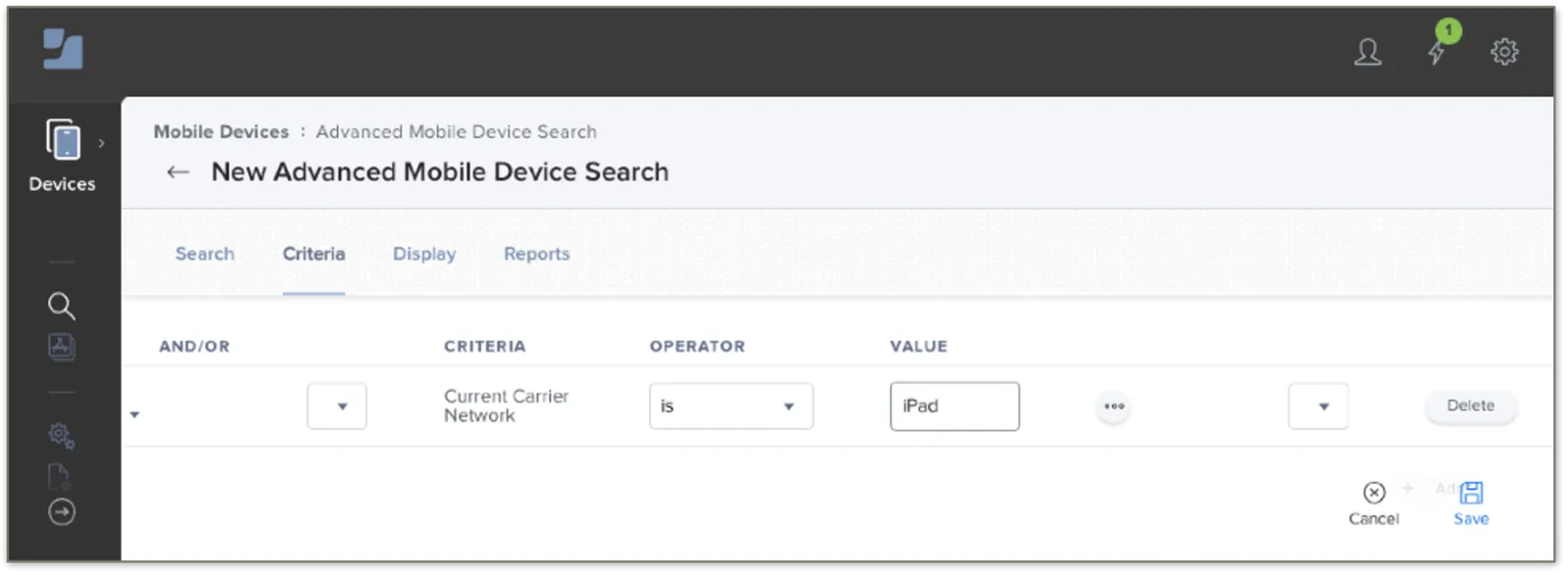Criteria tab with one row set to Current Carrier Network is iPad