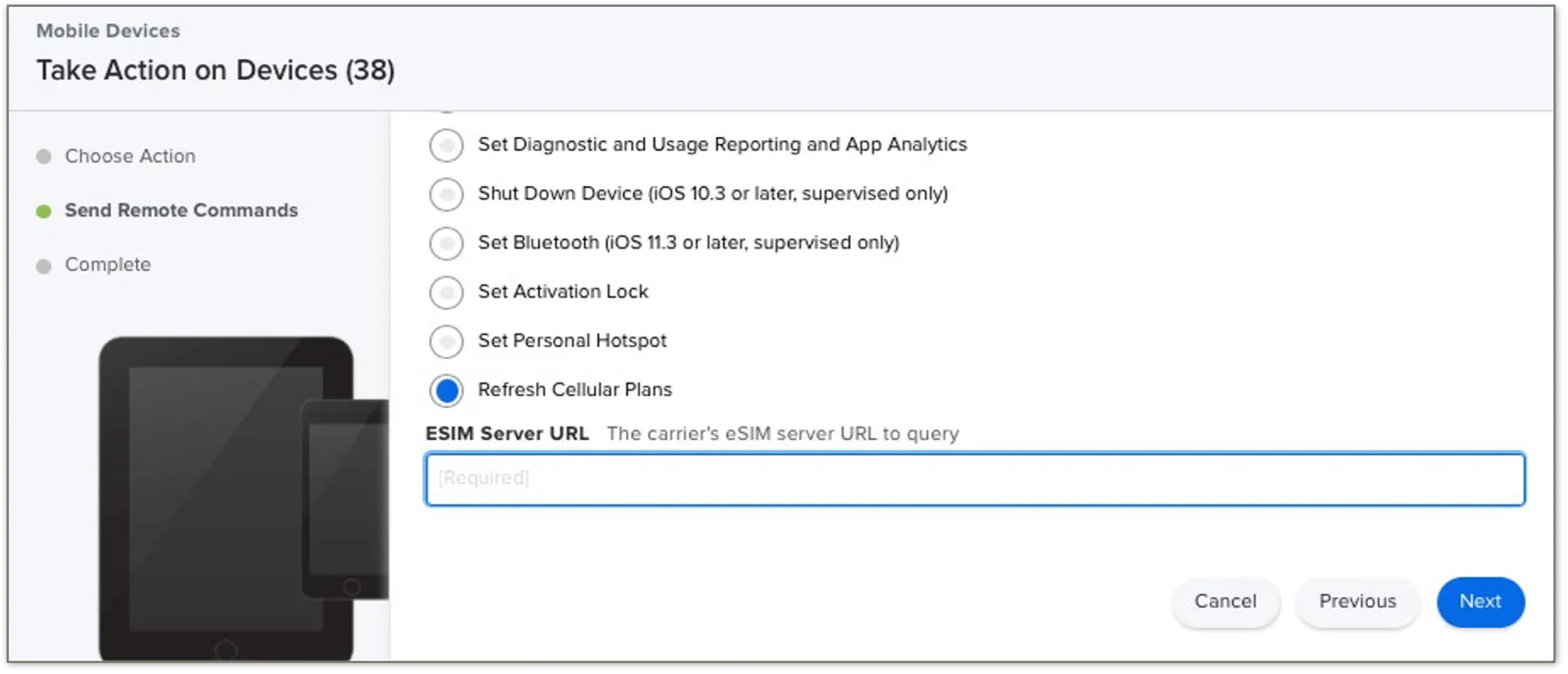 Send Remote Commands list with Refresh Cellular Plans selected and an empty ESIM Server URL field