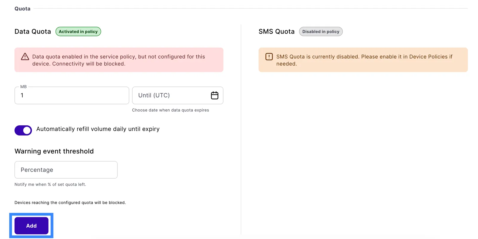 Quota form with Data Quota amount in MB, expiry date, daily refill toggle, and a disabled SMS Quota